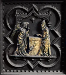 Ängeln tillkännager för Sakariah, första panelen av South Doors of the Baptistery of San Giovanni, 1336 (brons)